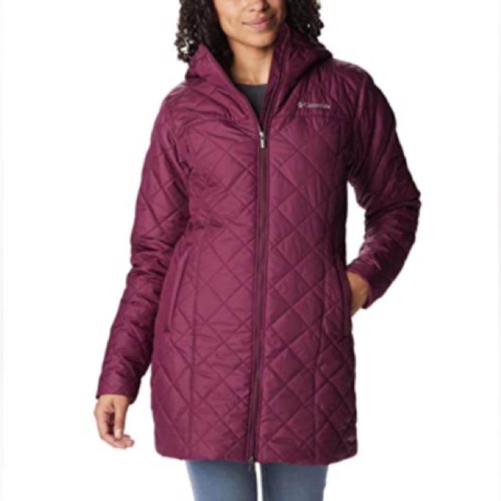 Plus Size Columbia Copper Crest Hood Quilted Long Jacket Mulberry Color
